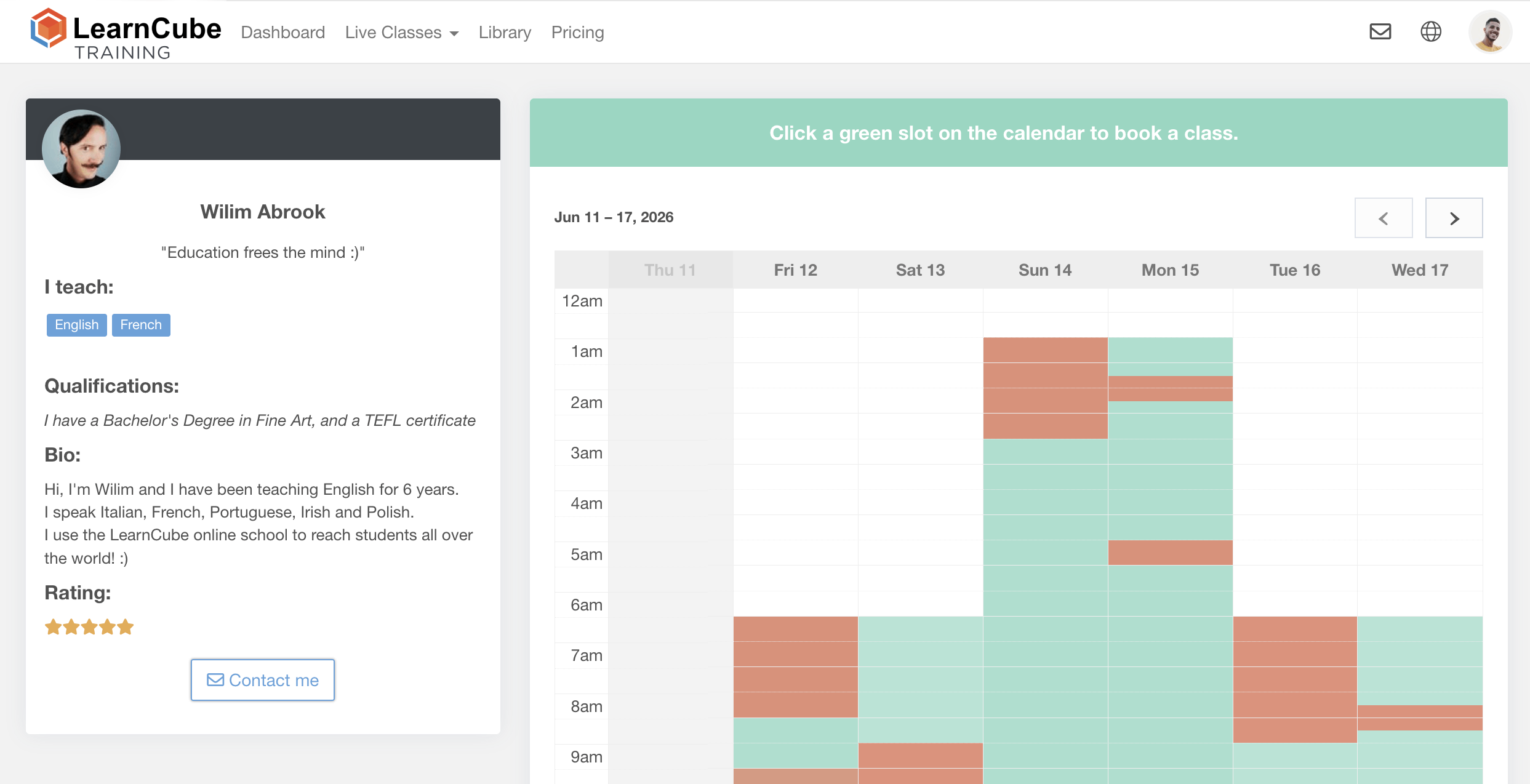 Student booking dashboard